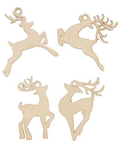 Product Cover Unfinished Wooden Christmas Ornaments - 24-Pack Paintable Blank Xmas Tree Hanging Wood Slices for Kids DIY Art Crafts, Festive Decoration, 4 Assorted Reindeer Designs, 4.3 x 4.25 x 0.1 Inches