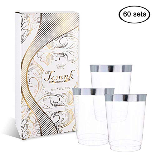 Product Cover Tomnk 60 pack 10 oz Silver Rimmed Plastic Clear Cups Disposable Hard Plastic Cups for Wedding Birthday Party