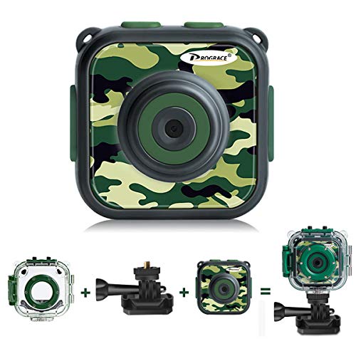 Product Cover [Upgraded] Prograce Kids Camera Waterproof Action Video Digital Camera 1080 HD Camcorder for Boys Toys Gifts Build-in Game (Green)