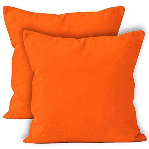 Product Cover Encasa Homes Throw Cushion Cover 2pc Set - Orange - 18 x 18 inch Solid Dyed Cotton Canvas Square Accent Decorative Pillow Case for Couch Sofa Chair Bed & Home