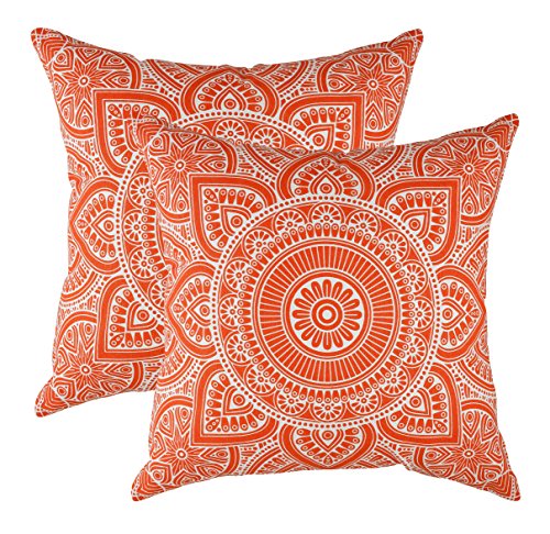 Product Cover TreeWool Decorative Square Throw Pillowcases Set Mandala Accent 100% Cotton Cushion Cases Pillow Covers (16 x 16 Inches / 40 x 40 cm, Orange in Cream Background) - Pack of 2
