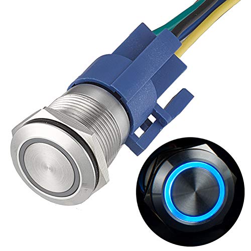 Product Cover APIELE [3 year warranty] 19mm Momentary Push Button Switch On Off Stainless Steel with 12V LED Angel Eye Head for 19mm 3/4 Mounting Hole with Wire Socket Plug Self-reset (Blue)