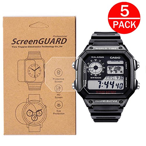 Product Cover [5-Pack] For Casio AE-1200/AE-1300 Watch Screen Protector, Full Coverage Screen Protector for Casio AE-1200/AE1200WH-1A/AE1200WHD-1A Watch HD Clear Anti-Bubble and Anti-Scratch
