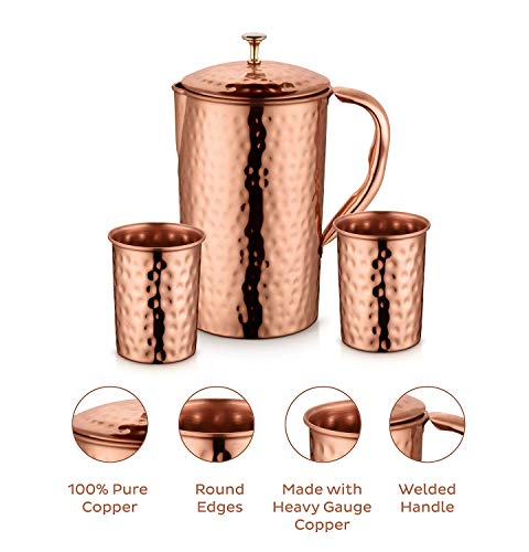 Product Cover AVADOR Handcrafted 100% Pure Copper Jug Pitcher with 2 Glass Drinkware Hammered Finish Ayurveda Health Benefit