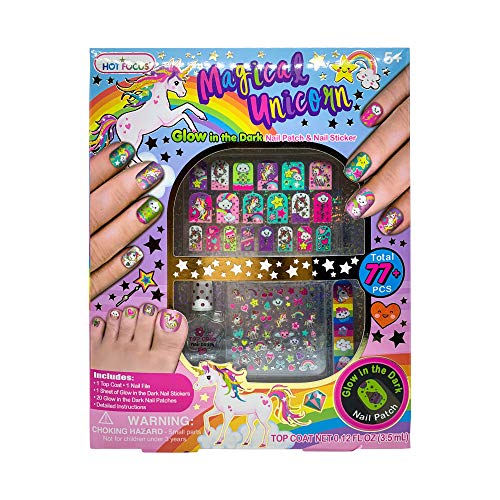Product Cover Hot Focus Unicorn Nail Art Glow in the Dark Kit 77 Pieces - Nail Stickers Unicorn and Rainbow Set, Nail Patches, Nail Polish and Nail File - Non-Toxic Water Based Polish