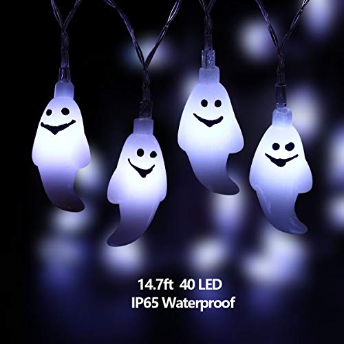 Product Cover YUNLIGHTS Halloween Ghost String Lights, 14.7ft 40 LED Battery Operated Halloween Lights with Remote Control, 8 Modes Waterproof White String Lights for Indoor Outdoor Halloween Decorations