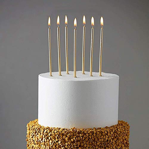Product Cover 24 Count Party Long Thin Cake Candles Metallic Birthday Candles in Holders for Birthday Cakes Cupcake, Champagne Gold