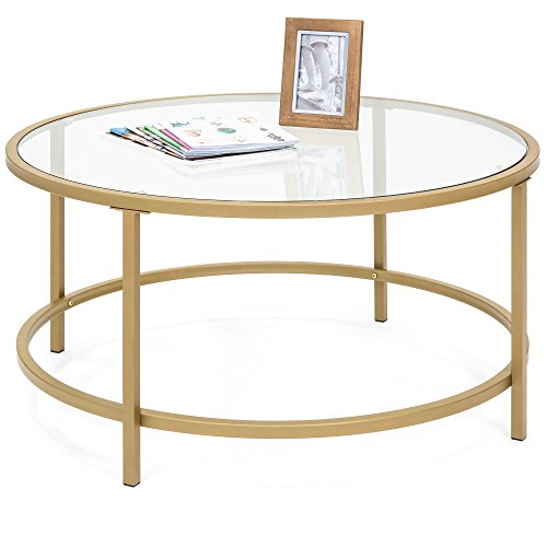 Product Cover Best Choice Products 36in Round Tempered Glass Coffee Table w/Satin Gold Trim for Home, Living Room, Dining Room