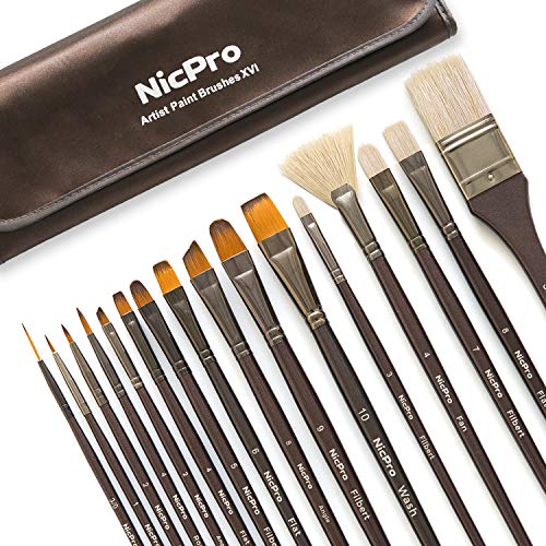 Product Cover Nicpro Professional Paint Brushes for Acrylic Watercolor Oil Gouache Painting 16 PCS Art Brush Comb Long Handle Taklon & Hog Hair Round Filbert Angel Flat Brush with Carrying Travel Bag