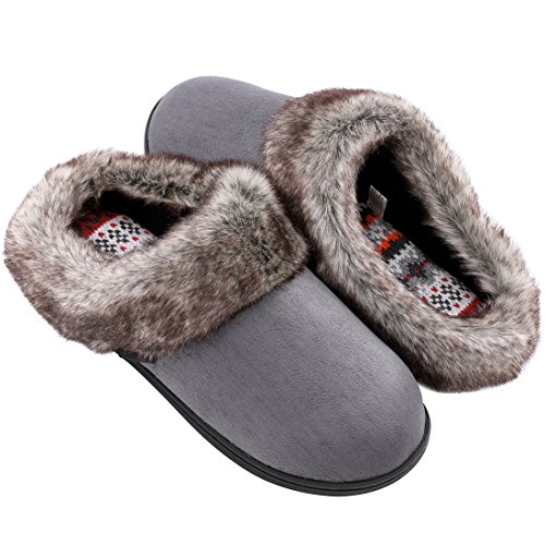 Product Cover Women's Furry Memory Foam Slippers Micro Suede Faux Fur House Shoes with Yarn Knit Lining & Non Skid Sole (Medium / 7-8 B(M) US, Gray)