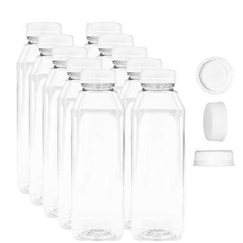 Product Cover 16 oz Empty Juice Bottles - Set of 10 Reusable Clear Plastic Disposable Milk Containers with White Tamper Evantend Caps