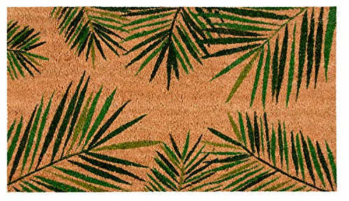 Product Cover Juvale Natural Coir Door Mat - All Season Indoor Outdoor Welcome Doormat, Easy Clean, PVC Anti-Slip Backing Front Entry Mats, Tropical Green Palm Leaves Design, Brown, 17.2 x 30 x 0.5 Inches
