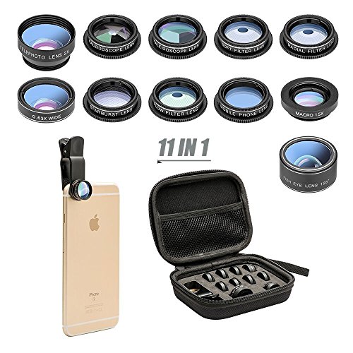 Product Cover 11 in 1 Cell Phone Camera Lens Kit Wide Angle Lens & Macro Lens+Fisheye Lens+Telephoto Lens+CPL/Flow/Radial/Star/Soft Filter+Kaleidoscope Lens Compatible for iPhone Samsung Sony and Most of Smartphone