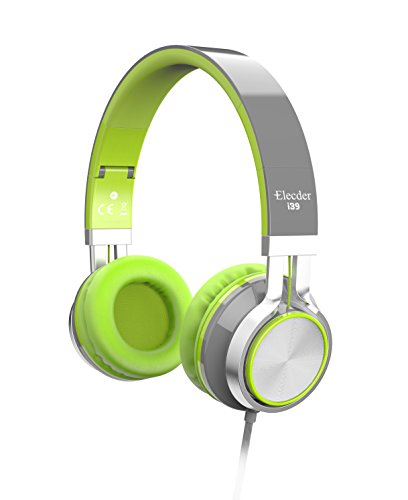 Product Cover Elecder i39 Headphones with Microphone Foldable Lightweight Adjustable On Ear Headsets with 3.5mm Jack for iPad Cellphones Computer MP3/4 Kindle Airplane School Green/Gray