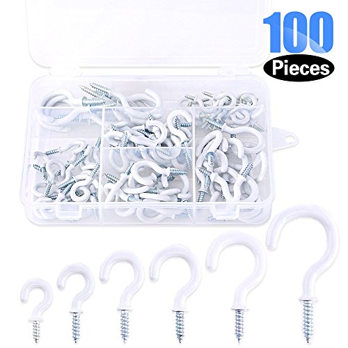 Product Cover Glarks 100-Pieces 6 Sizes White Vinyl Coated Cup Hooks Screw-in Ceiling Hooks Screw Hooks Mug Hooks Hangers Assortment Kit for Home and Office Use