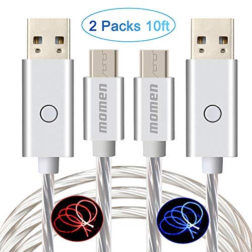 Product Cover Micro USB Cable 10FT, Quick Charging Cable for Samsung, Kindle, Nexus, LG, PS4, and More, momen LED Visible Flowing Durable Lighting Cable Android-Android Charger Cable with Switch Button (2 Packs)
