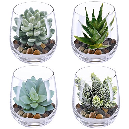 Product Cover Supla 4 Set Artificial Fake Succulent Plants Echeveria Terrarium Glass Containers Decorations Clear (4 Artificial Succulents+1.1 Lb White Sand+1.32 Lb Stone + 4 Glass Containers +1 Floral Wire Cutter)