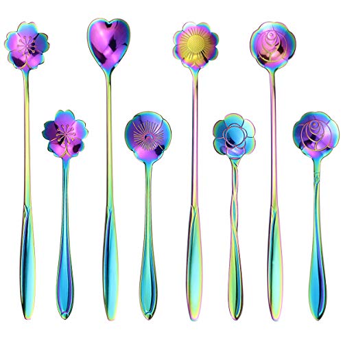 Product Cover SelfTek 8Pcs Rainbow Flower Spoon Set, 2 Different Size Colorful Stainless Steel Teaspoons Rainbow Coffee Stirring Spoon for Christmas, Thanksgiving, Birthday, Anniversaries
