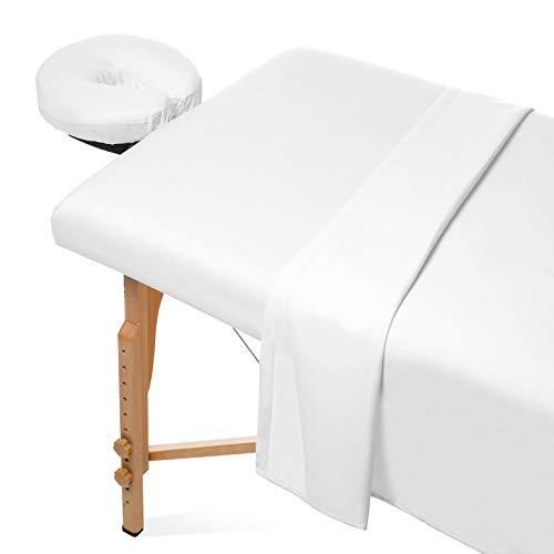 Product Cover Saloniture 3-Piece Flannel Massage Table Sheet Set - Soft Cotton Facial Bed Cover - Includes Flat and Fitted Sheets with Face Cradle Cover - White