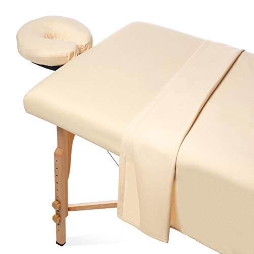 Product Cover Saloniture 3-Piece Flannel Massage Table Sheet Set - Soft Cotton Facial Bed Cover - Includes Flat and Fitted Sheets with Face Cradle Cover - Natural