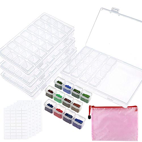 Product Cover Outuxed 4 Pack 28 Slots Diamond Painting Boxes 5D Diamond Painting Accessories Diamond Embroidery Storage Boxes with Storage Bag and 400 Pieces Craft Label Marker Stickrs