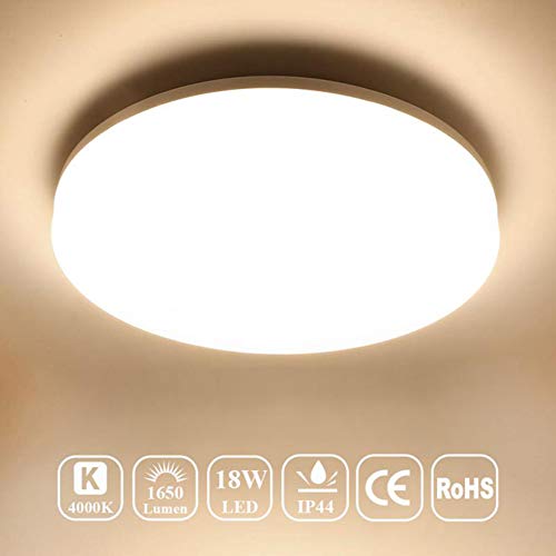 Product Cover Airand 4000K Ceiling Lights LED Flush Mount 18W Ceiling Lamps 9.5 Inch Flush Ceiling Light Fixture for Kitchen Bathroom Hallway Stairwell, 1650 Lumens, Waterproof IP44, 80Ra (Bright White)