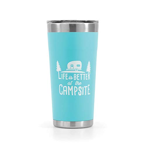 Product Cover Camco Life is Better at The Campsite Stainless Steel 20 oz. Tumbler with Double Wall Insulation - Leak Proof Lid,  Won't Sweat, Great For Hot and Cold Drinks - Cool Blue (53057)