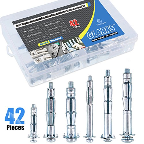 Product Cover Glarks 42Pcs 6 Size Heavy Duty Zinc Plated Steel Molly Bolt Hollow Drive Wall Anchor Screws Assortment Kit for Drywall, Plaster and Tile