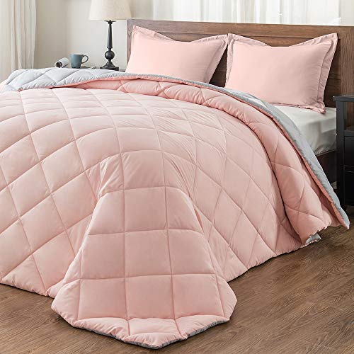 Product Cover downluxe Lightweight Solid Comforter Set (Twin) with 1 Pillow Sham - 2-Piece Set - Pink and Grey - Down Alternative Reversible Comforter