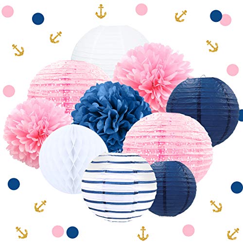 Product Cover NICROLANDEE Nautical Pink Navy Blue Party Decoration Kit Baby Shower Hanging Paper Lantern Party Confetti Tissue Pom Poms Flowers for Bridal Shower Wedding Birthday Hen Party（Blue and Pink）