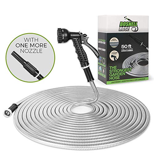 Product Cover BOSNELL 50FT Metal Garden Hose, Dog Free and Kink Free,304 Stainless Steel Hose with 2 Free Nozzles, Lightweight, Ultra Flexible and Tangle Free, Cool to Touch, Outdoor Hose