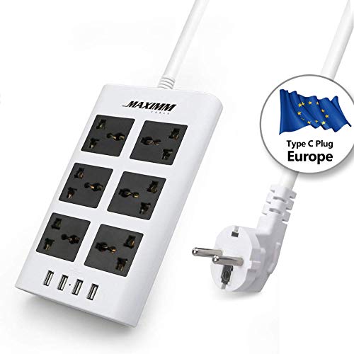 Product Cover Maximm Surge Protector Flat Power Strip 6 Universal Outlets with 4 USB Ports, Desktop Charging Station, 4000W/10-16A Multiplug (6.5 ft, White) w/ (Type C) EU Plug
