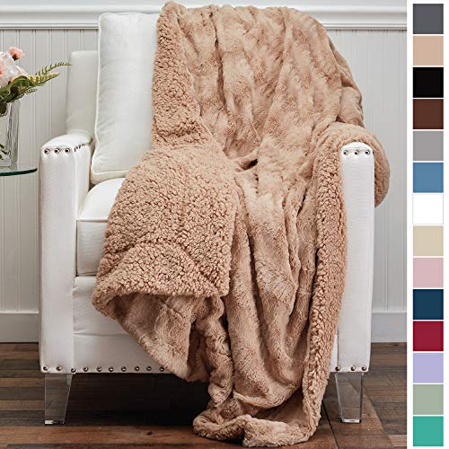 Product Cover The Connecticut Home Company Luxury Faux Fur with Sherpa Reversible Throw Blanket, Super Soft, Large Wrinkle Resistant Blankets, Warm Hypoallergenic Washable Couch or Bed Throws, 65x50, Beige