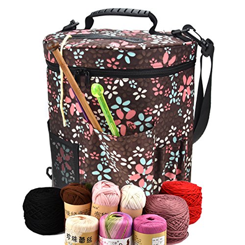 Product Cover Large Capacity/Portable/Lightweight Yarn Storage Knitting Tote Organizer Bag with Shoulder Strap Handles Looen W/Pockets for Crochet Hooks & Knitting Needles ... (Brown)