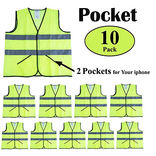 Product Cover CIMC Yellow Reflective Safety Vest with Pockets, 10 Pack, Bright Construction Vest with Reflective Strips,Made from Breathable and Neon Yellow Mesh Fabric,High Visibility Vest for Working Outdoor
