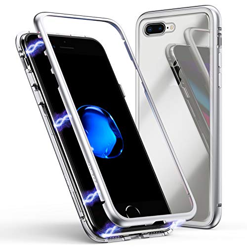 Product Cover iPhone 8 Plus Case,iPhone 7 Plus Case, ZHIKE Magnetic Adsorption Case Metal Frame Tempered Glass Back with Built-in Magnet Cover for Apple iPhone 7Plus/8 Plus (White, iPhone 7 Plus/8 Plus)