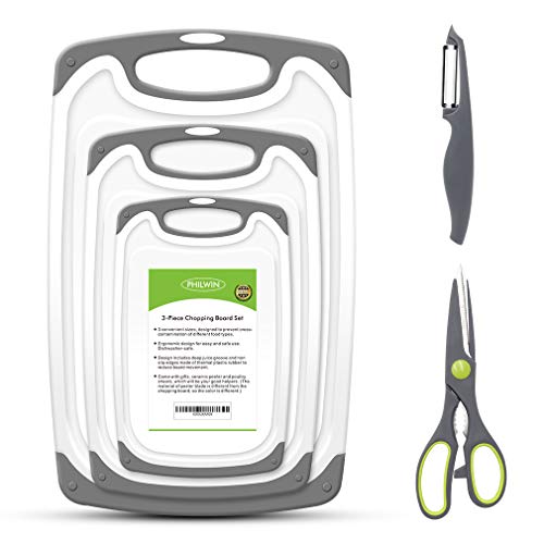 Product Cover Rottogoon Cutting Boards for Kitchen, Plastic Chopping Board Set of 5 with Non-Slip Feet and Deep Drip Juice Groove, Easy Grip Handle, BPA Free, Non-porous, Dishwasher Safe