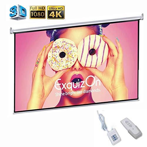 Product Cover Motorized Projector Screen with Remote Control, ExquizOn Ceiling Wall Portable Projector Screen 100 inch 16:9 1.2 Gain AUTO Electric HD 4K Indoor Outdoor for Family Home Theater and Office