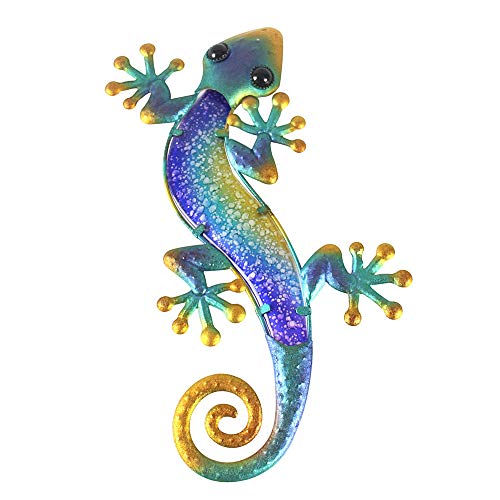 Product Cover Liffy Metal Gecko Outdoor Wall Decor Lizard Garden Art Blue Hanging Glass Decorations for Patio or Fence, 15.2 Inches Long