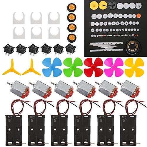 Product Cover 6 Set DC Motor Kit Rectangular Mini Electric Motor 1.5-3V 24000RPM with 86 Pcs Plastic Gears 2 x AA Battery HolderMotor Mounting BracketBoat Rocker SwitchShaft Propeller for DIY Science Projects
