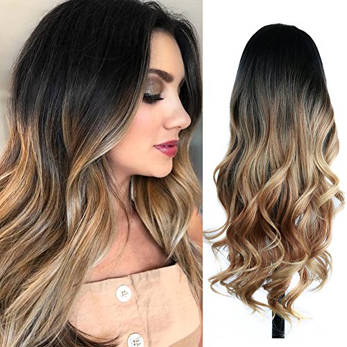 Product Cover Quantum Love Wigs Ombre Wig Black to Light Brown Side Part Long Wavy Wig Heat Resistant Synthetic Daily Party Wig for Women (Ombre Black to Light Brown)