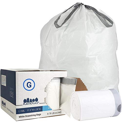 Product Cover Plasticplace Custom Fit Trash Bags │ Simplehuman Code G Compatible (200Count) │ White Drawstring Garbage Liners 8 Gallon/ 30 Liter │ 17.5