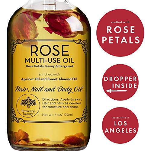 Product Cover Rose Multi-Use Oil for Face, Body and Hair - Organic Blend of Apricot, Vitamin E and Sweet Almond Oil Moisturizer for Dry Skin, Scalp and Nails - Rose Petals, and Bergamot Essential Oil - 4 Fl Oz