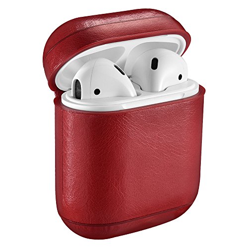 Product Cover AirPods Leather Case,ICARER Genuine Leather Protective Shockproof Cover for Apple AirPods 1 Case, Airpods 2 Case Support Wireless Charging (Front LED is not Visible) (Red)