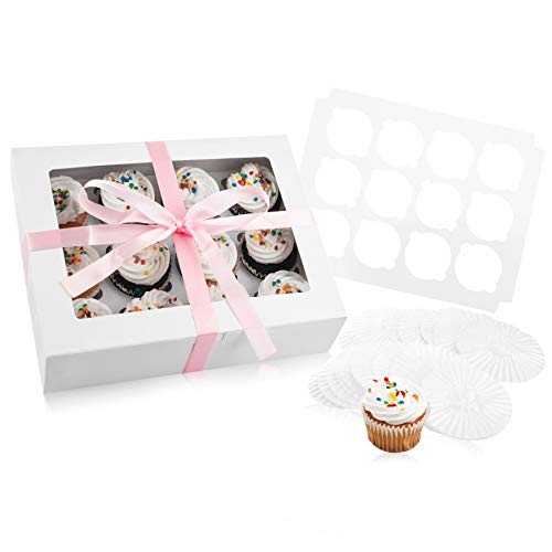 Product Cover Bakery Cupcake Boxes and Cake Carrier: 12 Treat Holder Storage Boxes - Disposable Bakery Box with Clear Window, 12 Removable Inserts/Holders for a Dozen Cupcakes, 144 Cup Cake Baking Cups and Ribbon