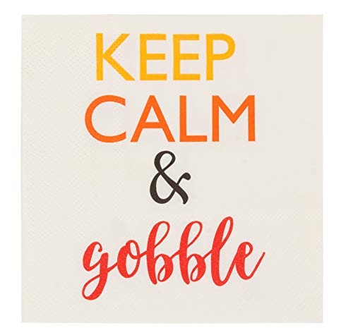 Product Cover Cocktail Napkins - 100-Pack Disposable Paper Napkins, Autumn Thanksgiving Dinner Party Supplies, 3-Ply, Keep Calm and Gobble, White, Unfolded 10 x 10 Inches, Folded 5 x 5 Inches