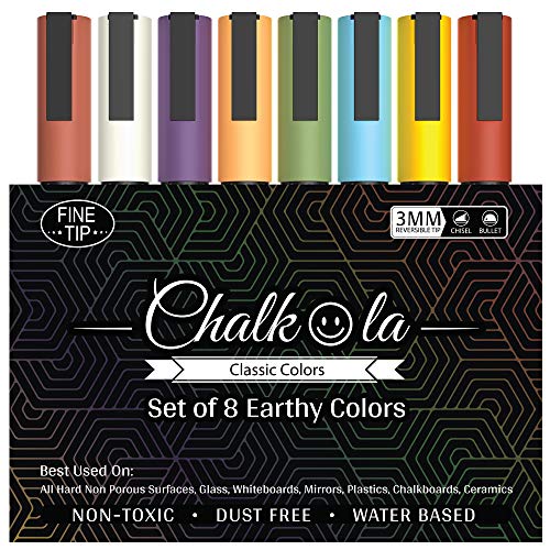Product Cover Fine Tip Chalkboard Chalk Markers (8 Pack 3mm) Classic Earth Color Ink - Erasable Dry Erase Marker Pens for Blackboards, Bistro, Window | 3mm Reversible Bullet & Chisel Point