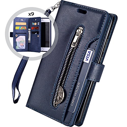 Product Cover Auker iPhone 6S Plus Wallet Case for Women/Men, Trifold 9 Card Holder Folio Flip Leather Magnetic Wallet Case with Strap,Money Pocket&Kickstand Full Protective Zipper Purse for iPhone 6 Plus (Navy)