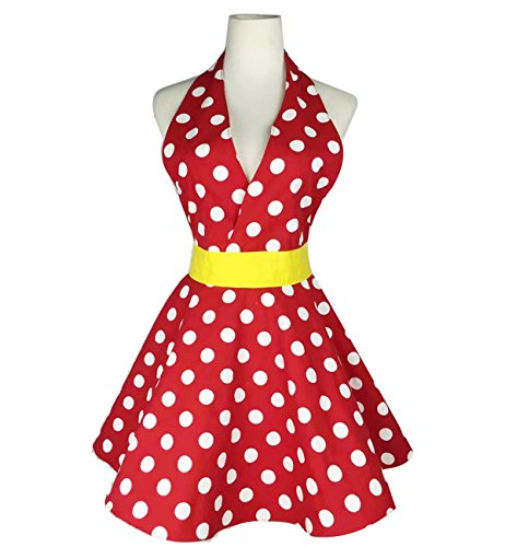 Product Cover Lovely Sweetheart Retro Apron for Women Red Super Cute Funny Cotton V-Neck Polka Dot Classic Marilyn Monroe Big Wave Apron