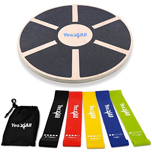 Product Cover Yes4All PFP9 Special Combo: Wooden Wobble Balance Board & Resistance Loop Bands with Carry Bag (Set of 5) Â- Elastic Stretch Bands/Pull Up Assist Bands, Black Board + Resistance Band